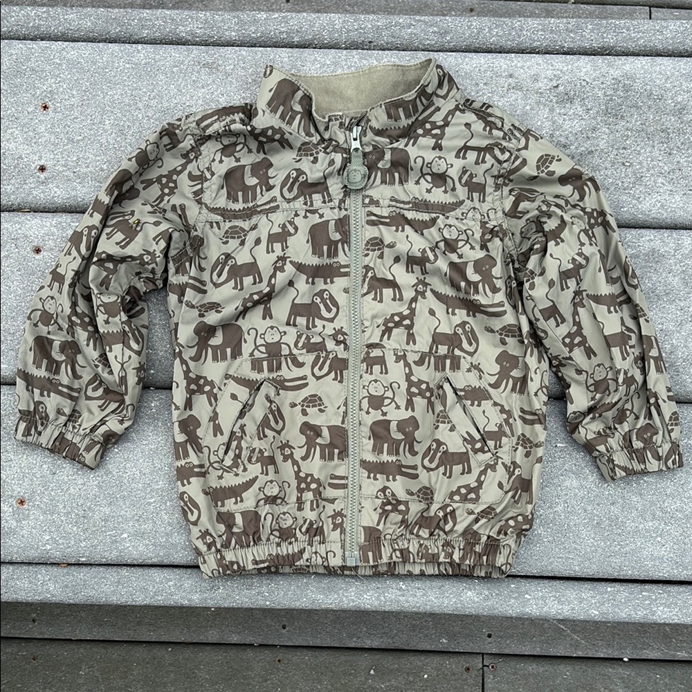 H&M Kids' Zoo Animal Print Jacket, Green, Zip Up, Pockets, Size 12-18 months
